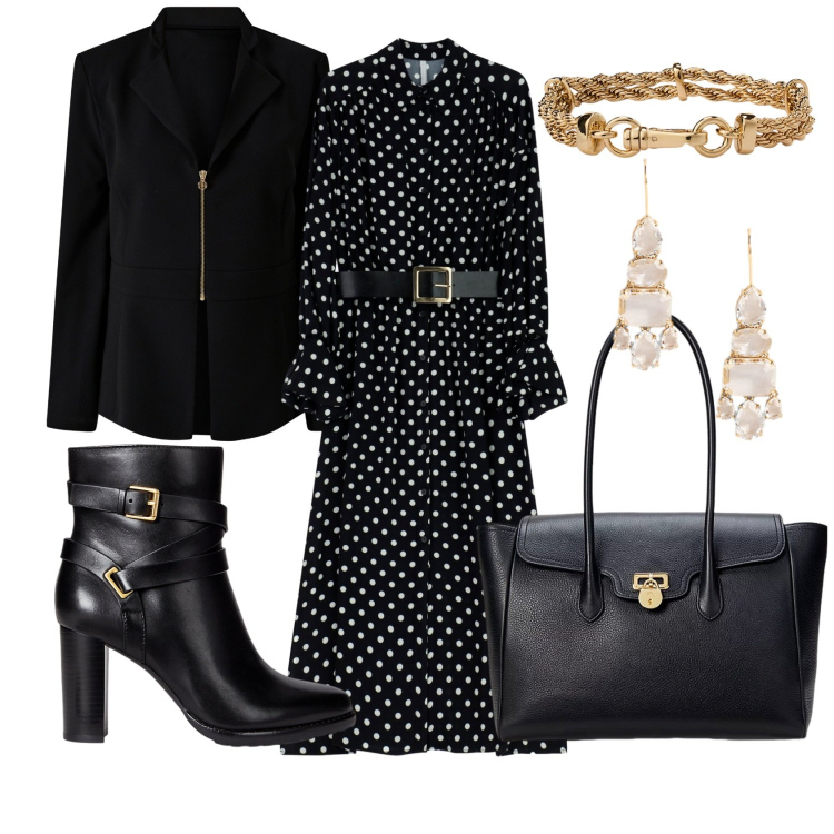 Outfit donna - Passeggio autunnale. Stile Chic per Tutti i giorni. Abbinamento con blazer, vestiti midi/longuette, borse a mano, braccialetti, orecchini, stivaletti.