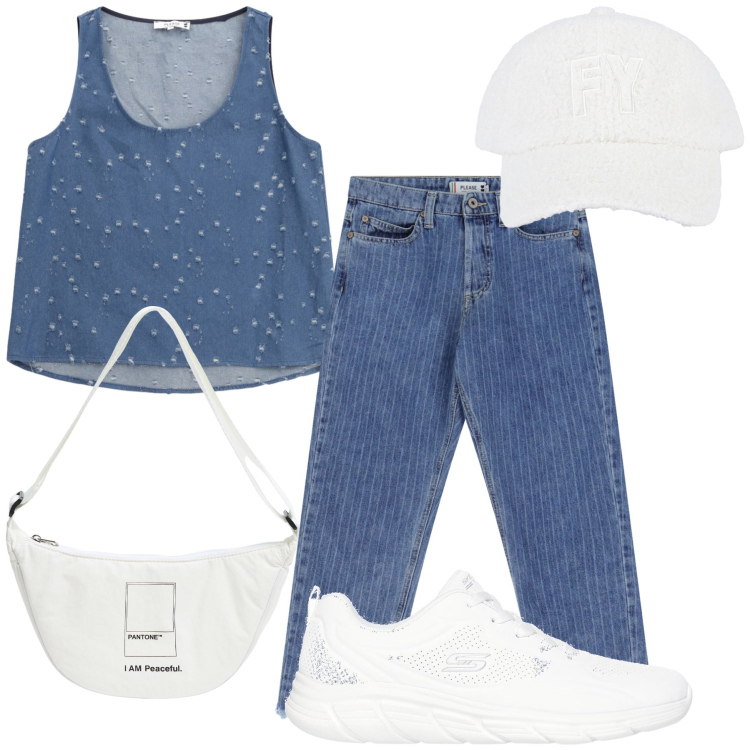 Outfit donna - Tempo libero. Stile Casual chic per Tutti i giorni. Abbinamento con marsupi, top, jeans, cappelli con visiera, sneakers.