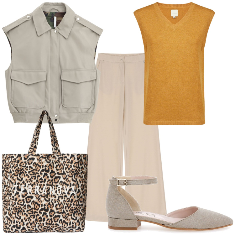 Outfit donna - Sabato in sconto. Stile Trendy per Tutti i giorni. Abbinamento con borse tote, gilet, pantaloni, maglieria, ballerine.