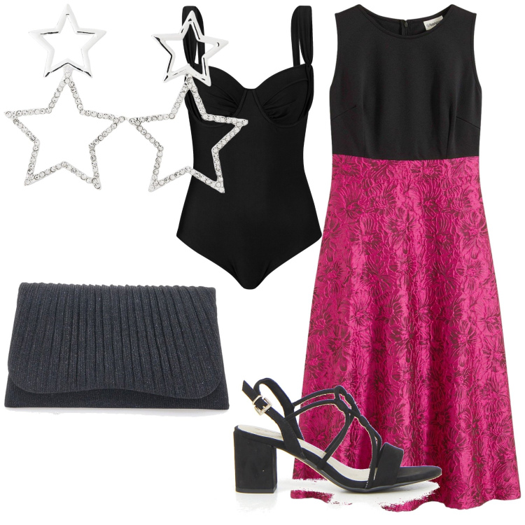 Outfit donna - Ultima spiaggia sotto le stelle. Stile Chic per Mare. Abbinamento con vestiti midi/longuette, costumi interi, orecchini, clutch, sandali col tacco.