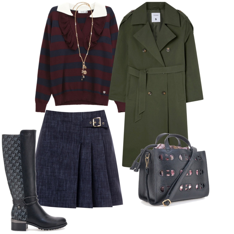 Outfit donna - Autunno. per Tutti i giorni. Abbinamento con trench, minigonne, pullovers, borse a mano, stivali, ciondoli.