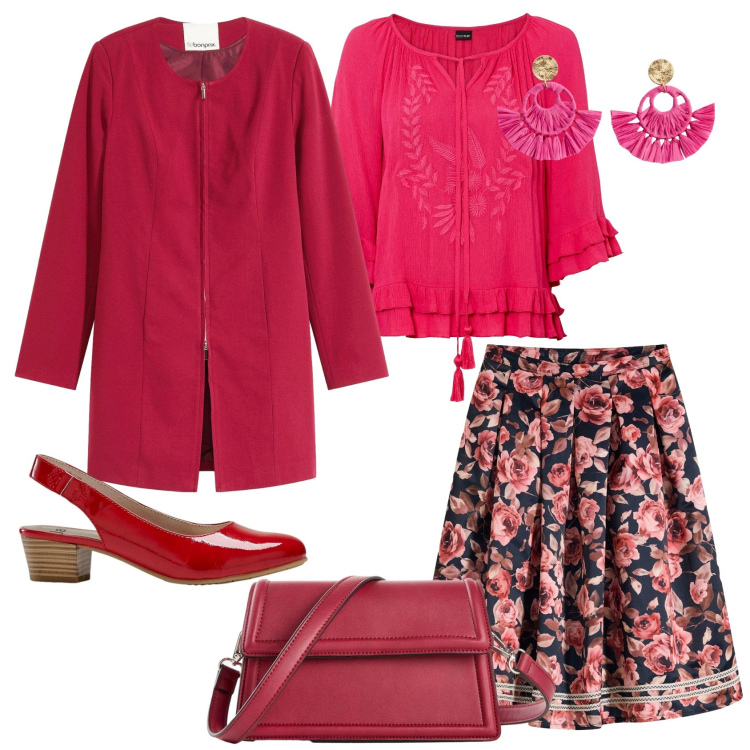 Outfit donna - La gonna a fiori. Stile Casual chic per Ufficio. Abbinamento con gonne, blazer, décolleté, tuniche, orecchini, borse a tracolla.