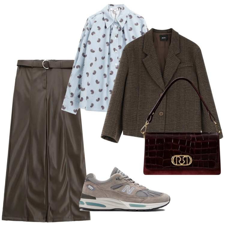 Outfit donna - A lavoro comoda. per Scuola/Università. Abbinamento con sneakers, borse a mano, camicie, pantaloni, blazer.