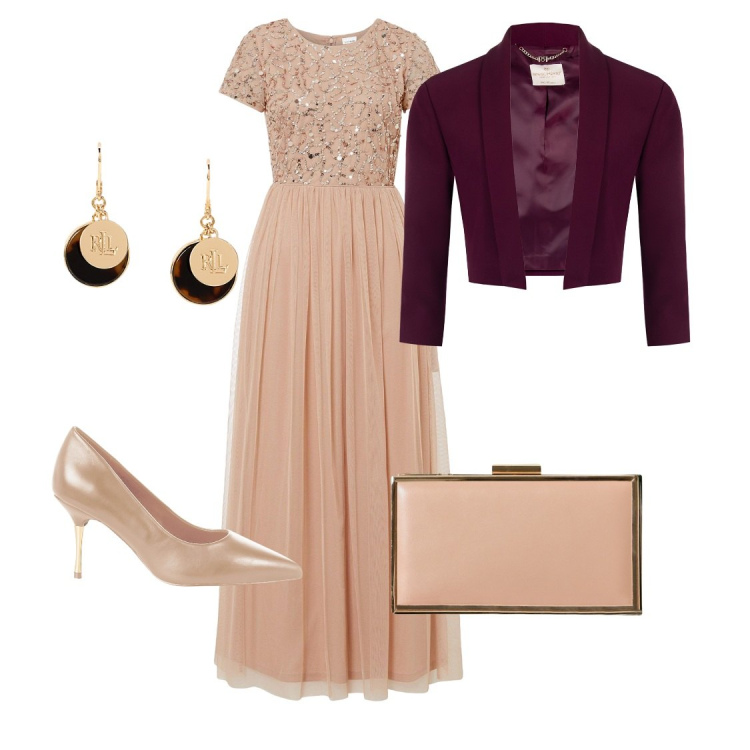 Outfit donna - Per il matrimonio dell\'amica. Stile Bon Ton per Cerimonia. Abbinamento con vestiti lunghi, blazer, pochette, décolleté, orecchini.