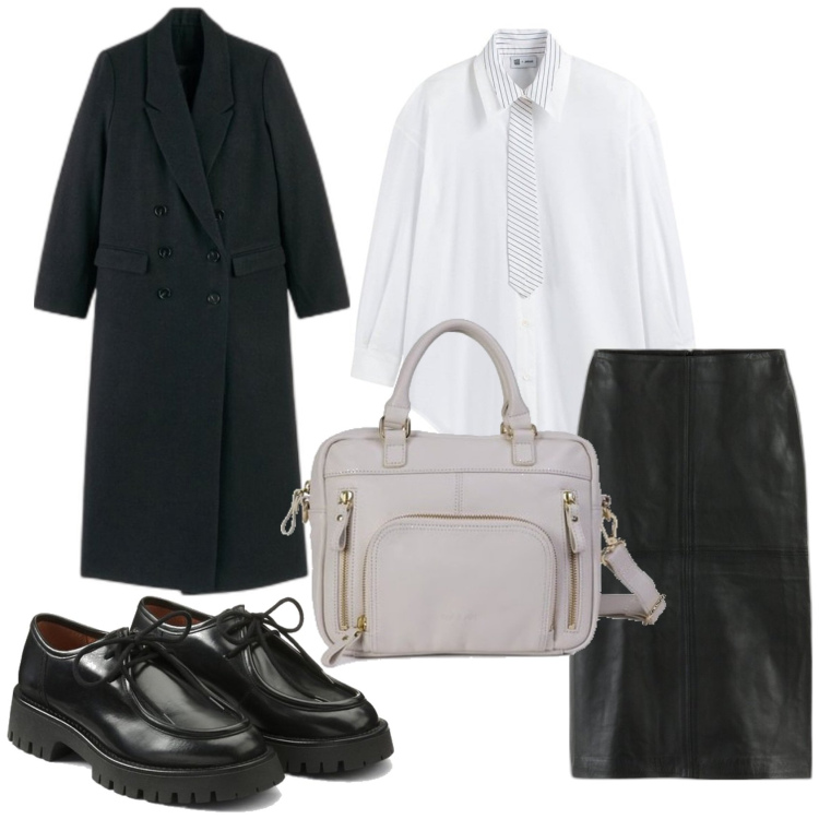 Outfit mujer - Urban style. Estilo Urban para Todos los días. Combinación con bolsos de mano, camisas, faldas largas, abrigos, zapatos con cordones.