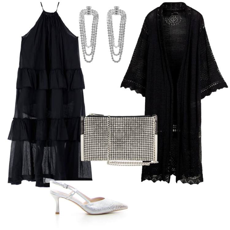 Outfit donna - Cardigan in macramè. per Serata fuori. Abbinamento con cardigans, orecchini, pochette, vestiti lunghi, décolleté.