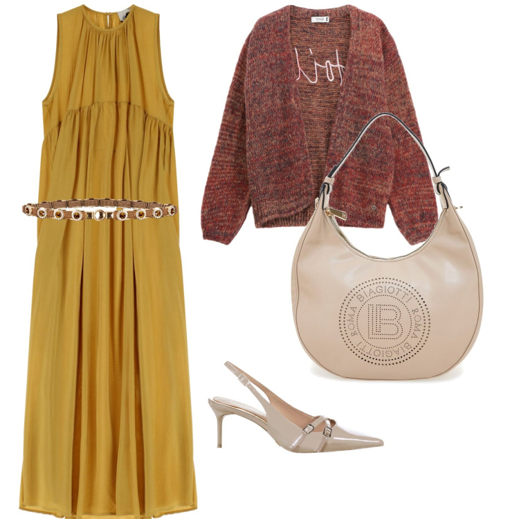 Outfit donna - Ancora un po\' di caldo. per Serata fuori. Abbinamento con cinture, décolleté, cardigans, vestiti lunghi, borse a spalla.