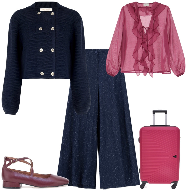 Outfit donna - Total look #2242548. Stile Bon Ton per Tutti i giorni. Abbinamento con blazer, camicie, pantaloni a palazzo, ballerine, valigie.