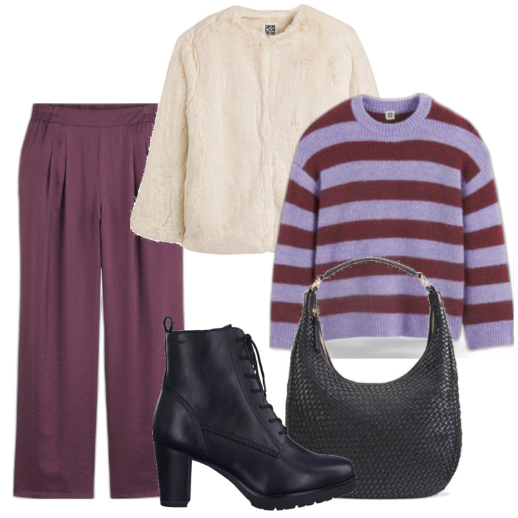 Outfit mujer - Trendy look. Estilo Trendy para Todos los días. Combinación con abrigos, pantalones, bolso tote, prendas de punto, botines.