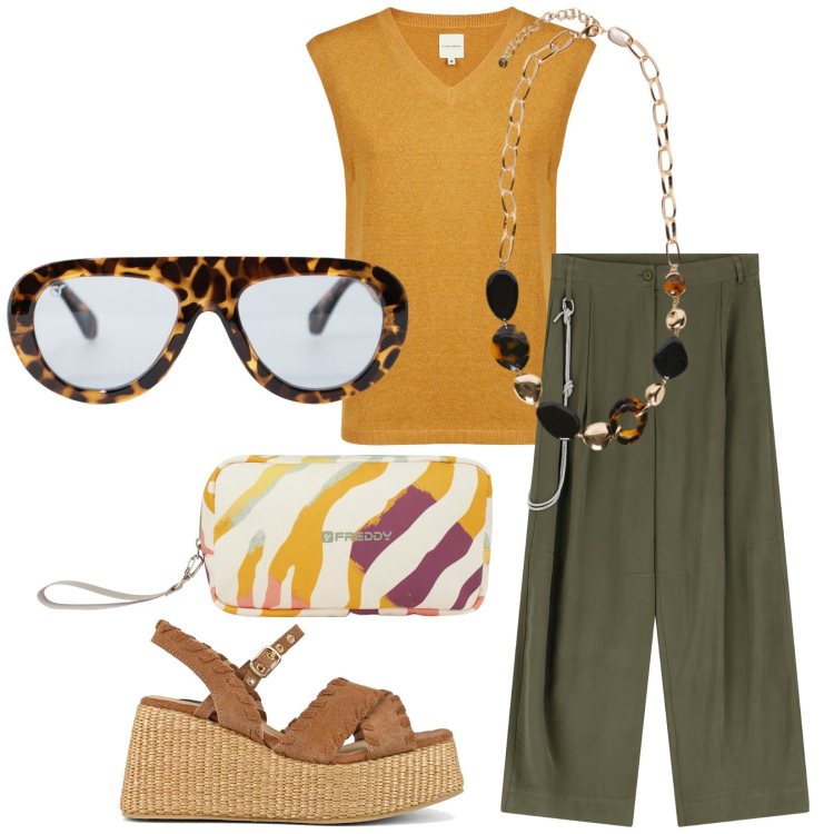 Outfit donna - Total look #2242553. Stile Casual chic per Tutti i giorni. Abbinamento con pantaloni, occhiali da sole, valigie, zeppe, maglieria, collane.