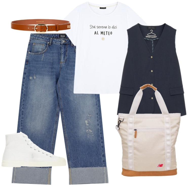 Outfit donna - Mattina in jeans. Stile Casual per Tutti i giorni. Abbinamento con shopping bag, cinture, jeans dritti, sneakers alte, gilet, t-shirt.