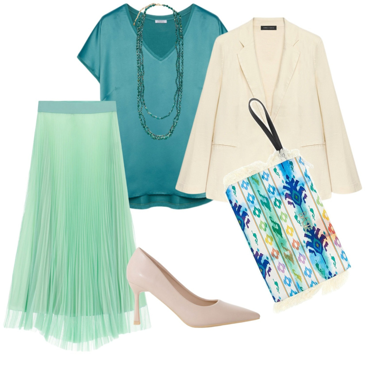 Outfit donna - Invito a settembre. per Cerimonia. Abbinamento con décolleté, gonne lunghe, blazer, pochette, collane, bluse.