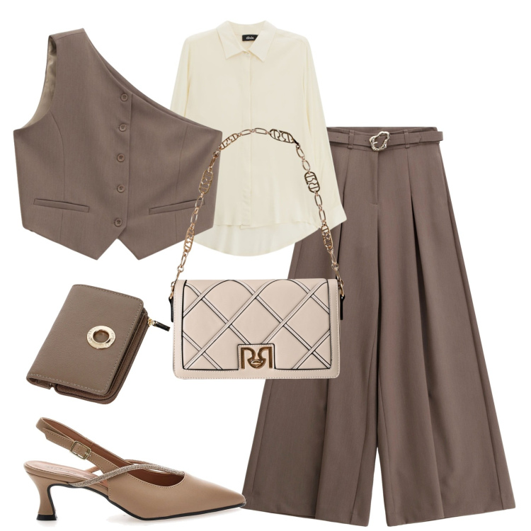 Outfit donna - Settembre. Stile Casual chic per Tutti i giorni. Abbinamento con borse a tracolla, gilet, pantaloni, portafogli, camicie, décolleté.