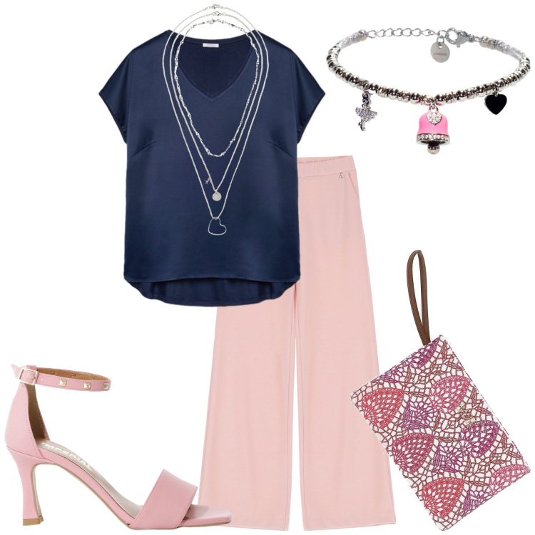 Outfit donna - Total look #2242565. Stile Casual chic per Tutti i giorni. Abbinamento con collane, sandali col tacco, braccialetti, pantaloni, pochette, t-shirt.