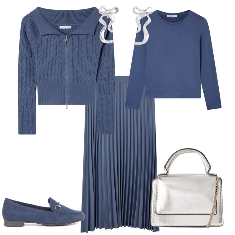 Outfit donna - Autunno in arrivo. Stile Casual chic per Tutti i giorni. Abbinamento con cardigans, t-shirt, gonne lunghe, orecchini, borse a tracolla, mocassini.