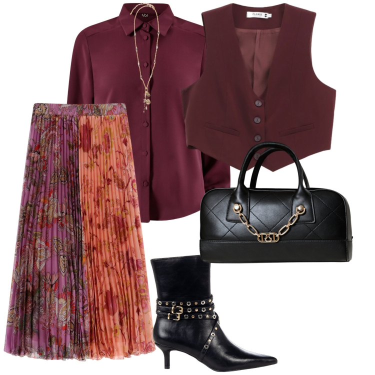 Outfit donna - Ufficio a settembre. per Ufficio. Abbinamento con stivaletti, borse a mano, camicie, gilet, gonne longuette, ciondoli.