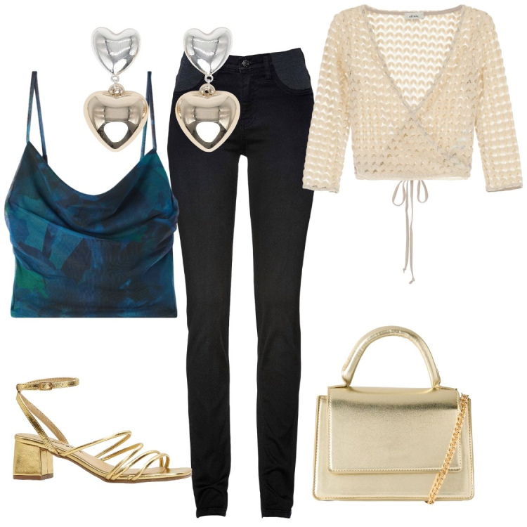 Outfit donna - In pizzeria con stile. Stile Casual chic per Serata fuori. Abbinamento con jeans skinny, sandali col tacco, orecchini, borse a tracolla, canottiere, top.