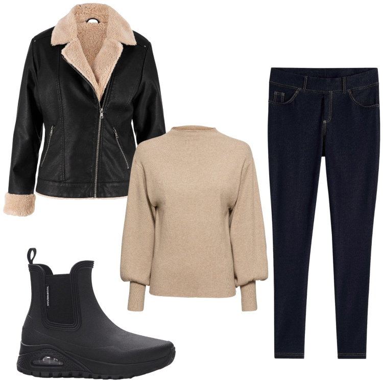 Outfit donna - Passeggiata al parco. Stile Urban per Tutti i giorni. Abbinamento con blazer, jeggings, maglieria, stivali di gomma.
