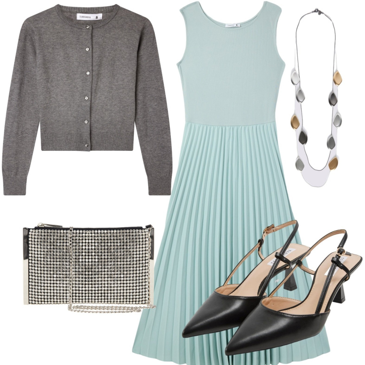 Outfit donna - Eleganza acquamarina. Stile Basic per Serata fuori. Abbinamento con vestiti lunghi, cardigans, sabot, pochette, collane.