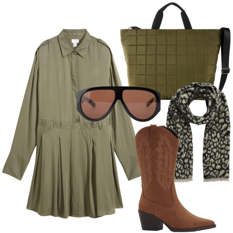 Outfit donna - Miniabito verde oliva. Stile Glamour per Ufficio. Abbinamento con stivali, shopping bag, vestiti corti, sciarpe, occhiali da sole.