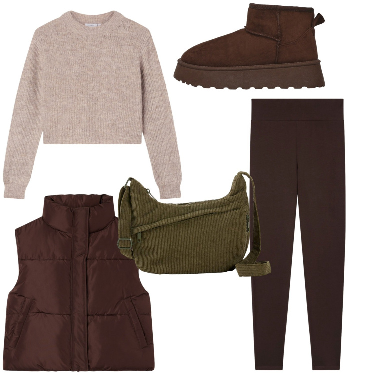 Outfit donna - I colori del bosco in autunno. Stile Casual per Tutti i giorni. Abbinamento con borse a tracolla, leggings, maglieria, piumini, stivaletti.