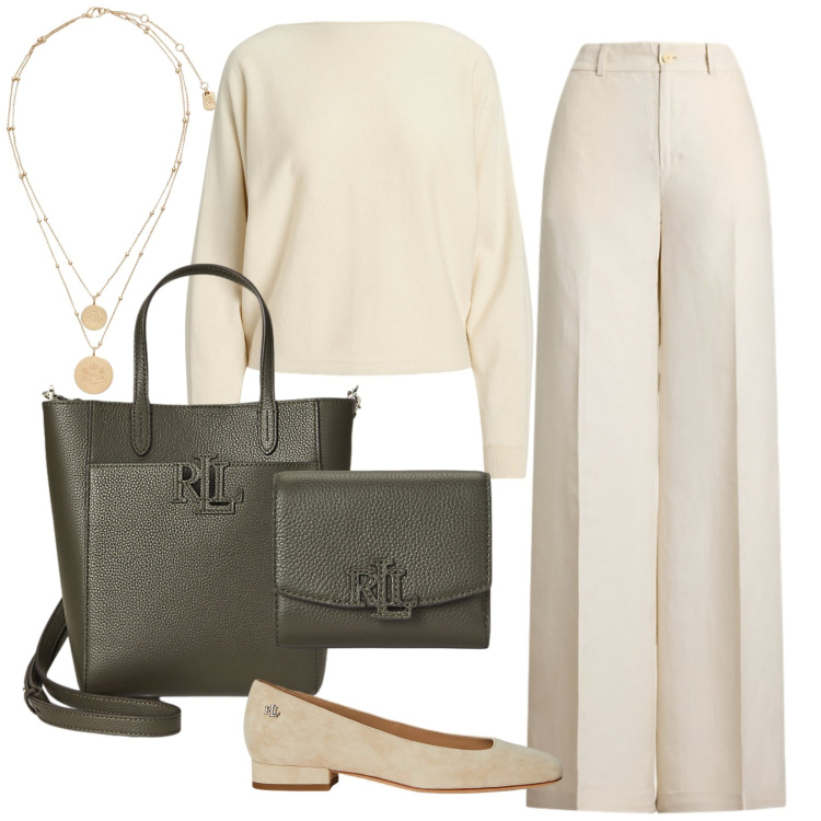Outfit donna - Il minimale perfetto. Stile Minimal per Ufficio. Abbinamento con ciondoli, ballerine, pantaloni, maglieria, borse tote, portafogli.