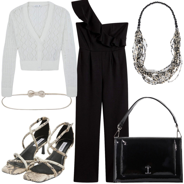 Outfit donna - Budget 100. Stile Chic per Cerimonia. Abbinamento con tute, cardigans, sandali col tacco, cinture, borse a tracolla, collane.