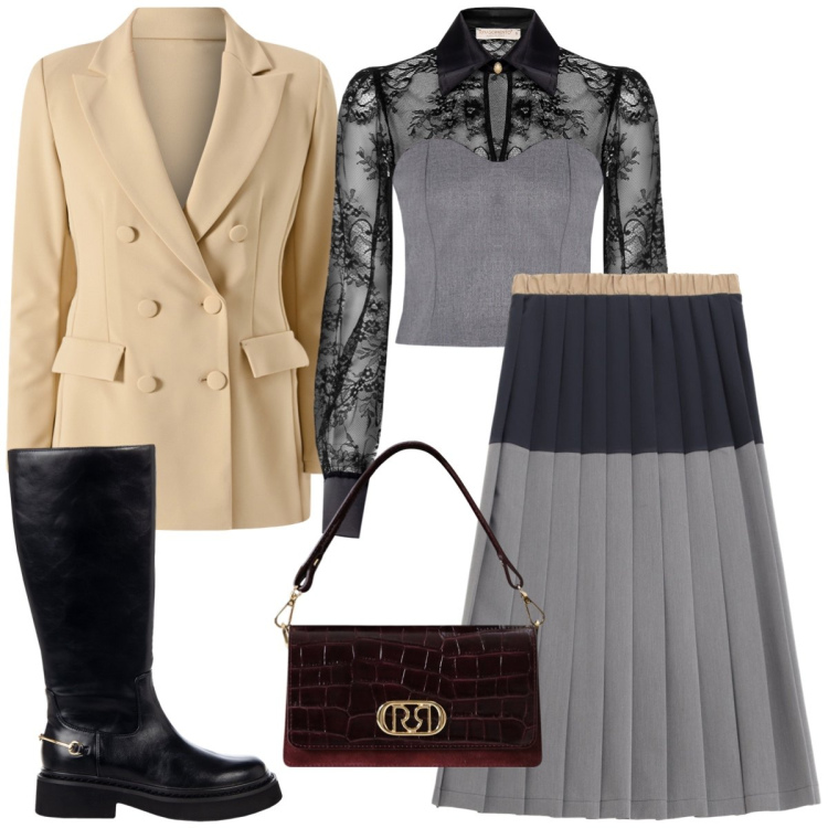 Outfit donna - In città. Stile Bon Ton per Tutti i giorni. Abbinamento con stivali sopra il ginocchio, bluse, blazer, borse a mano, gonne longuette.
