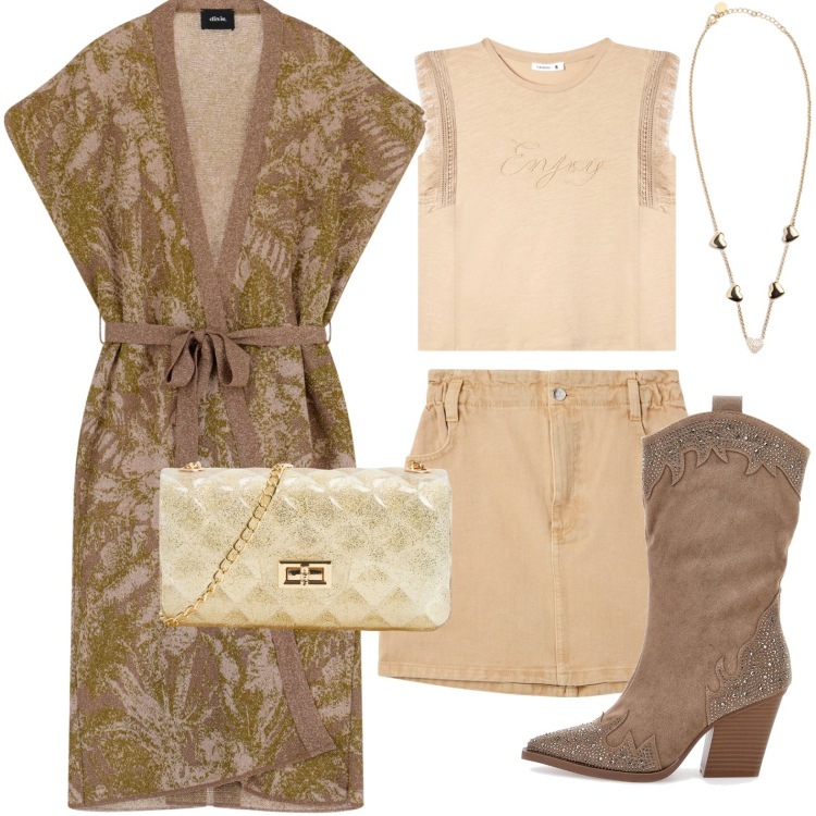 Outfit donna - Day look. Stile Etnico per Serata fuori. Abbinamento con borse a tracolla, minigonne, t-shirt, collane, cappotti, stivali.