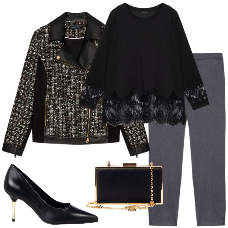 Outfit donna - Maglia con bordo in pizzo. Stile Chic per Serata fuori. Abbinamento con décolleté, pochette, pantaloni, bluse, blazer.