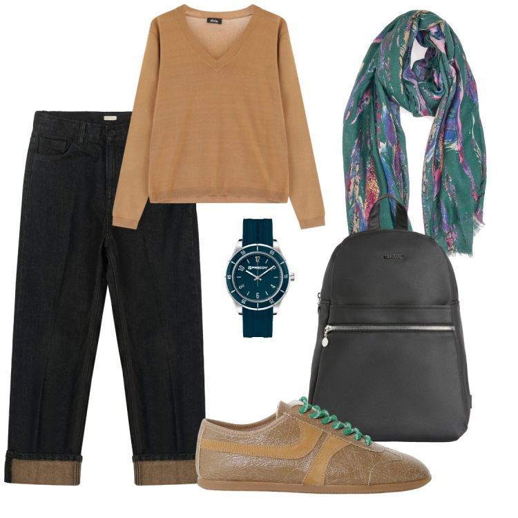 Outfit donna - Prepariamoci all\'autunno. Stile Casual per Scuola/Università. Abbinamento con zaini, orologi, pullovers, sneakers, foulard, jeans dritti.