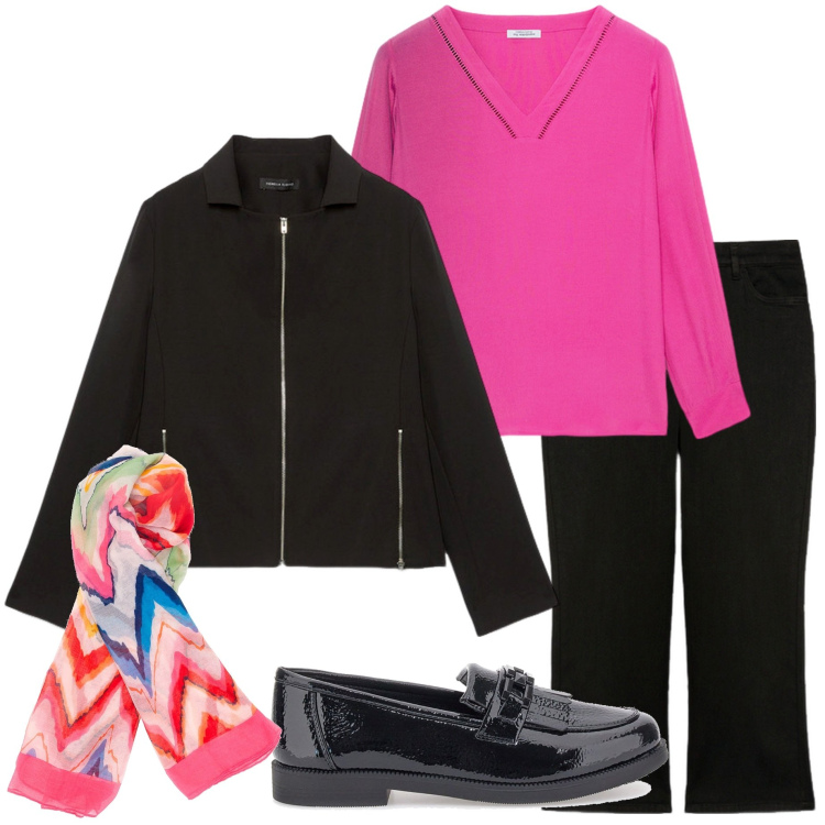 Outfit donna - Settembre. Stile Minimal per Tutti i giorni. Abbinamento con bluse, jeans, blazer, foulard, mocassini.