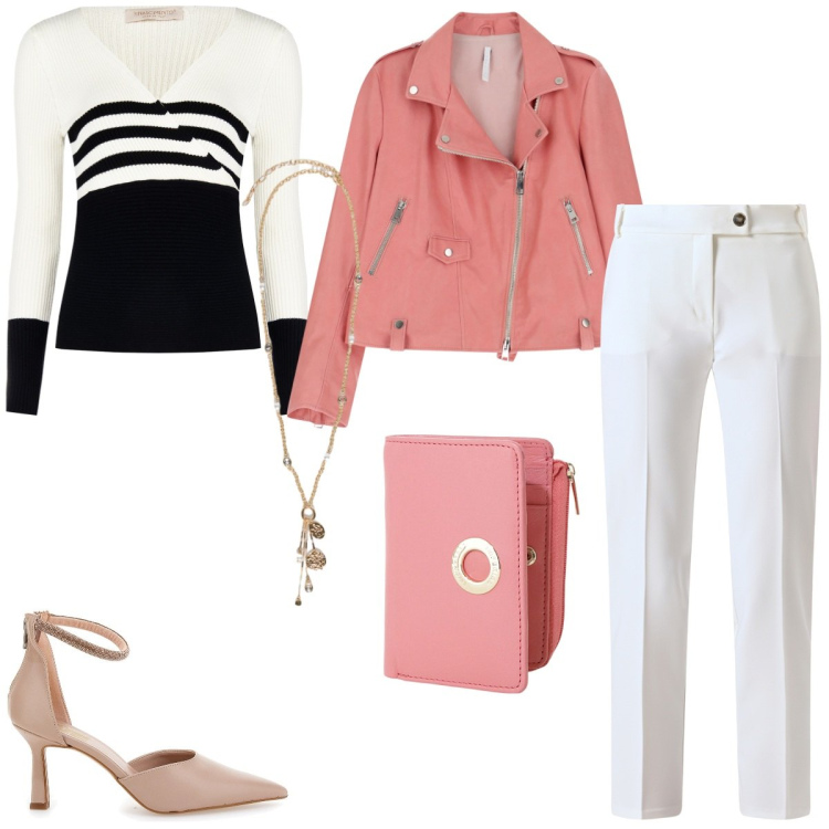 Outfit donna - Total look #2242605. Stile Casual per Ufficio. Abbinamento con maglieria, pantaloni, portafogli, giacche, ciondoli, décolleté.