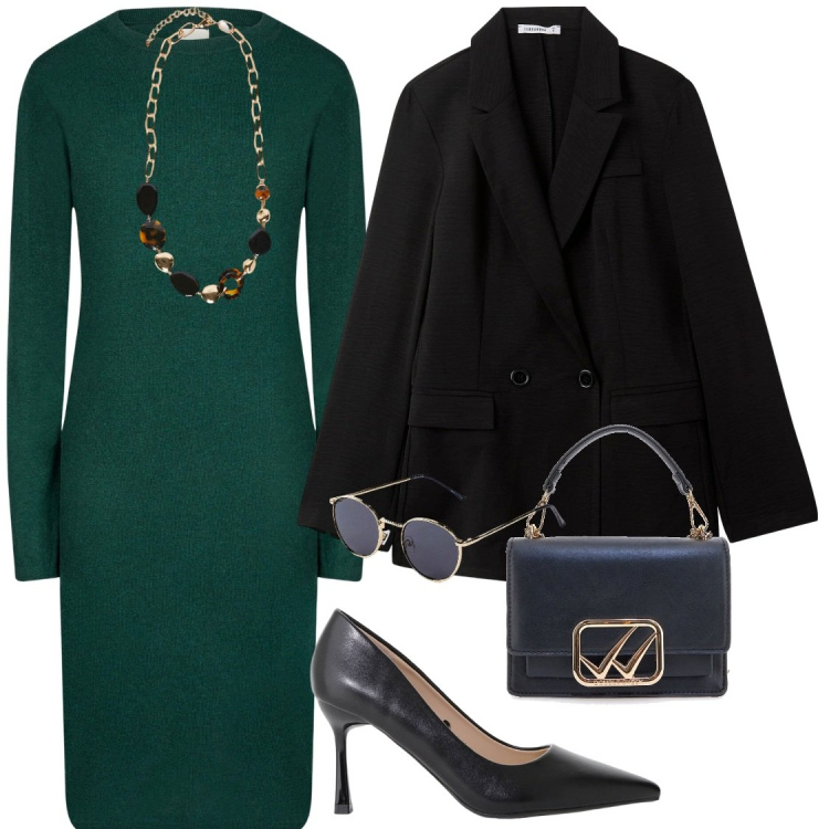 Outfit donna - Prepariamoci all\'autunno. Stile Bon Ton per Ufficio. Abbinamento con occhiali da sole, blazer, décolleté, vestiti midi/longuette, collane, borse a tracolla.