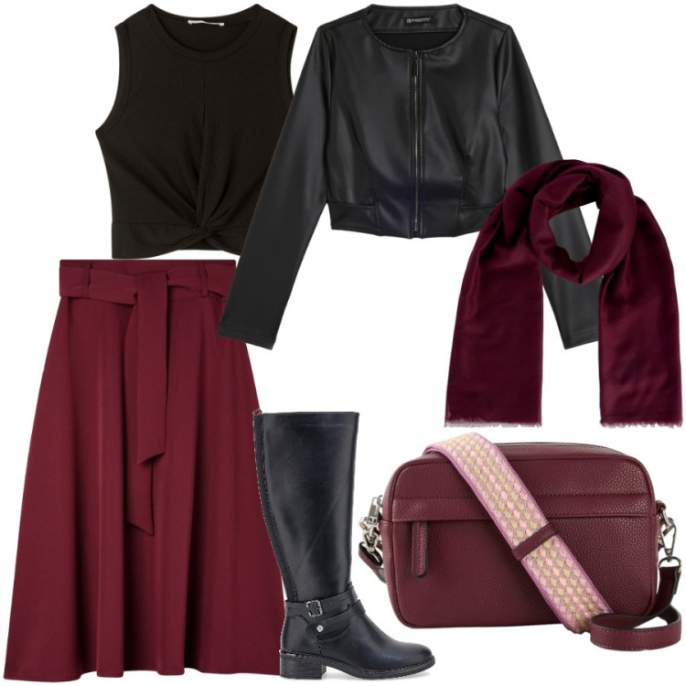 Outfit donna - La gonna a ruota. Stile Casual chic per Ufficio. Abbinamento con borse a tracolla, gonne lunghe, top, foulard, giacche, stivali.