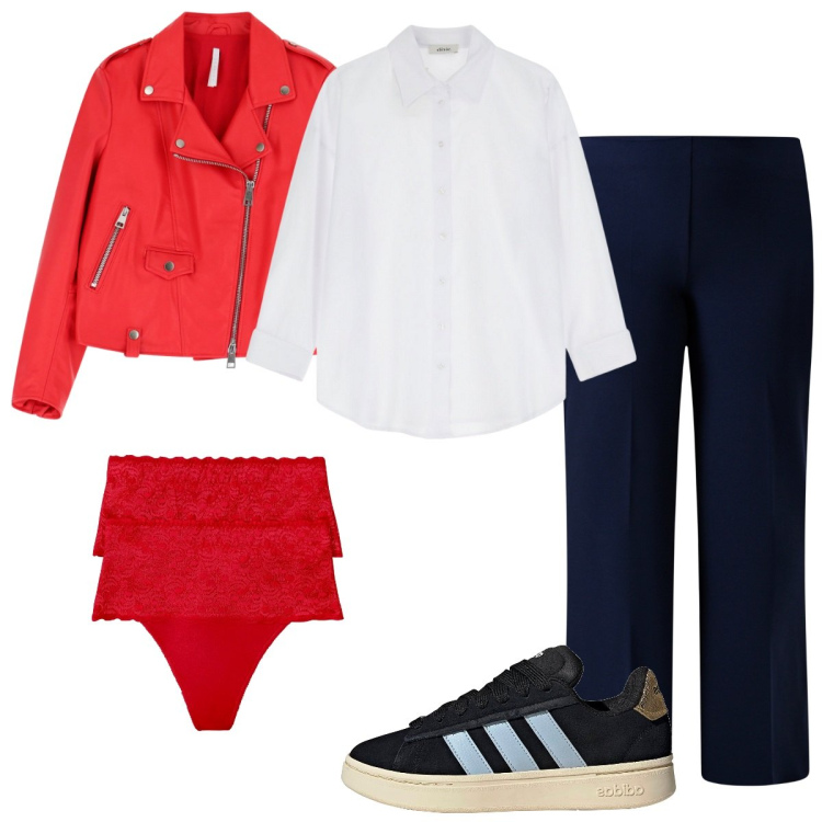 Outfit donna - Total look #2242609. Stile Casual per Tutti i giorni. Abbinamento con perizomi, pantaloni a palazzo, giacche, camicie, sneakers.