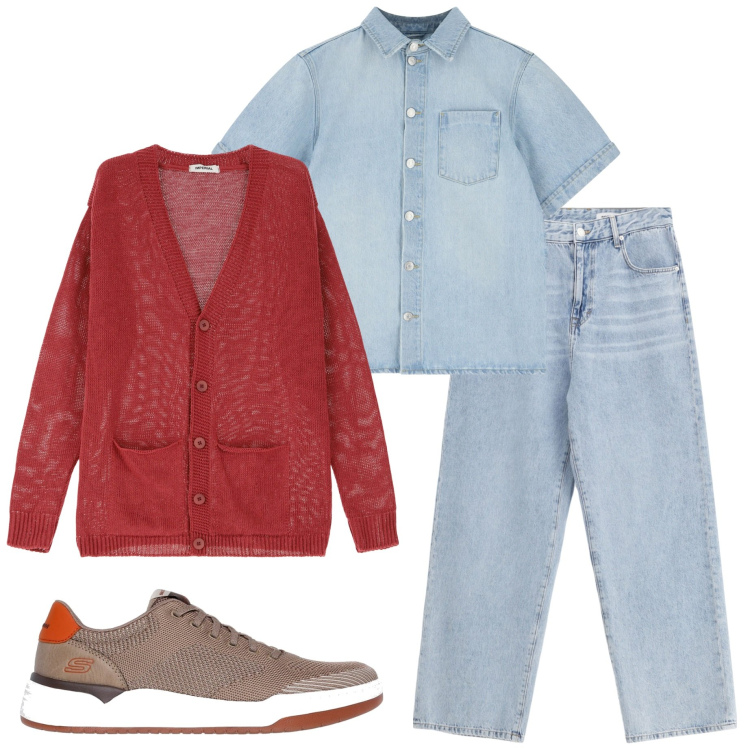Outfit uomo - Cardigan di sera. Stile Casual per Tutti i giorni. Abbinamento con cardigans, jeans, camicie a manica corta, sneakers.