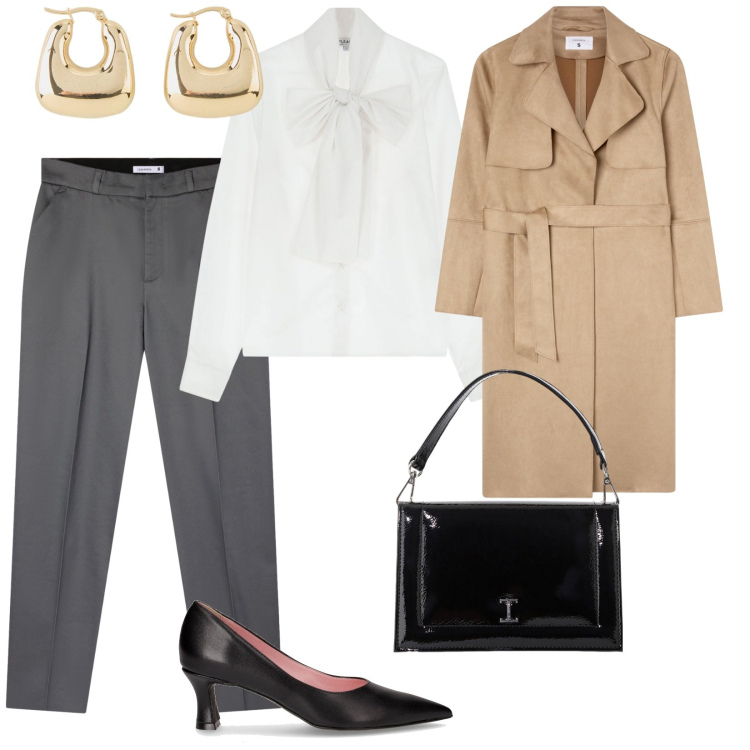 Outfit donna - Il classico. per Ufficio. Abbinamento con orecchini, pantaloni chino, trench, camicie, borse a tracolla, décolleté.