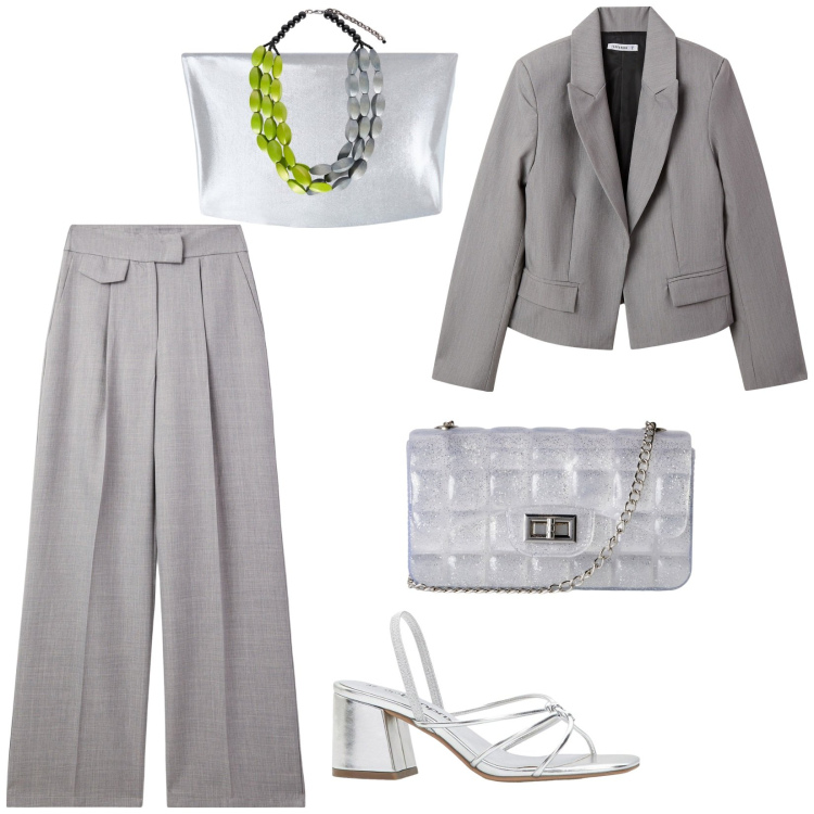 Outfit donna - Cena tra amici. per Serata fuori. Abbinamento con sandali col tacco, pantaloni, blazer, top, borse a tracolla, collane.