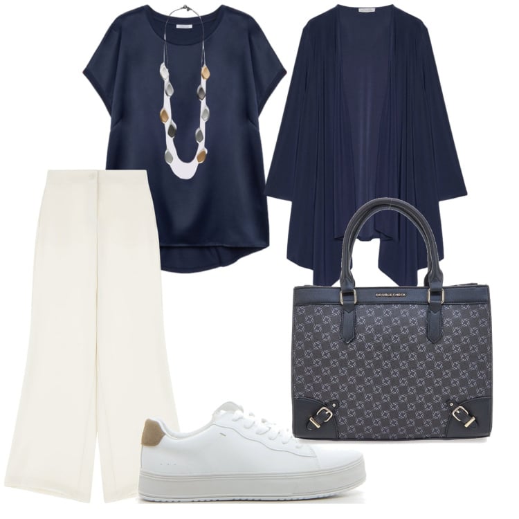 Outfit donna - Mattine Settembrine. per Tutti i giorni. Abbinamento con pantaloni, bluse, borse a tracolla, collane, blazer, sneakers.