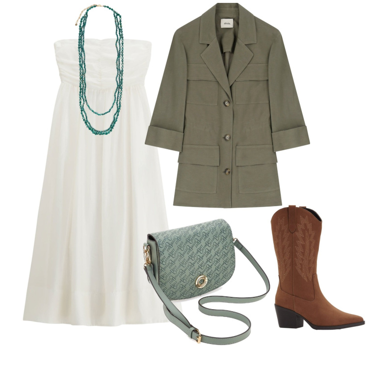 Outfit donna - Mattine Settembrine. per Mare. Abbinamento con stivali, vestiti senza maniche, blazer, collane, borse a tracolla.
