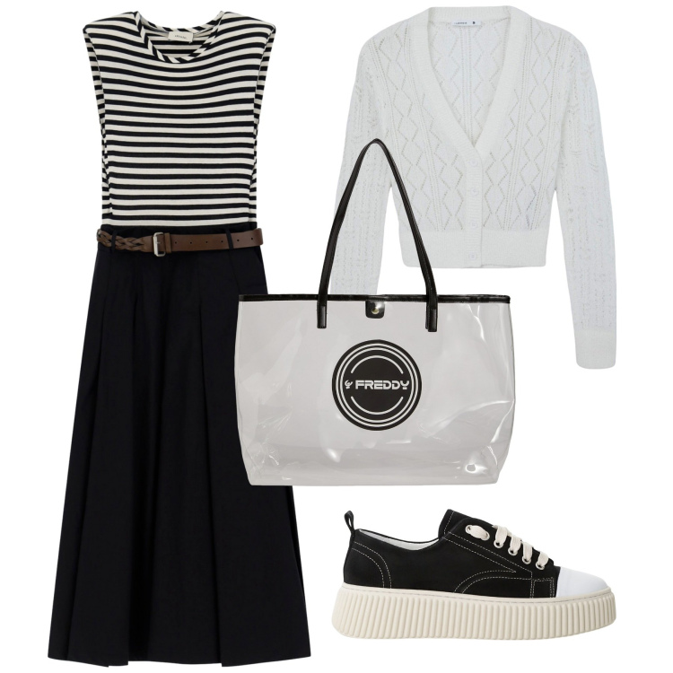Outfit donna - Total look #2242630. Stile Romantica per Tutti i giorni. Abbinamento con cardigans, sneakers, shopping bag, vestiti midi/longuette.