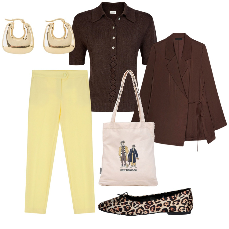Outfit donna - Un caffè e brioches. per Tutti i giorni. Abbinamento con orecchini, ballerine, shopping bag, pantaloni, blazer, polo.