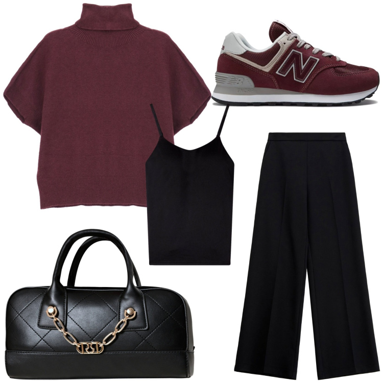 Outfit donna - Autumn fashion. Stile Trendy per Tutti i giorni. Abbinamento con magliette intime, sneakers, borse a mano, pantaloni, maglieria.