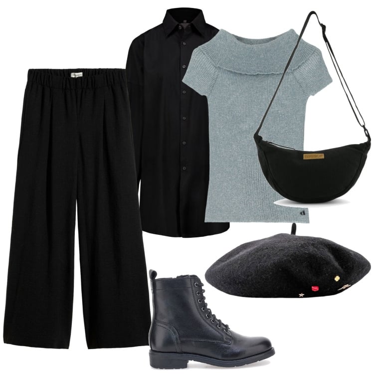 Outfit donna - In università. per Scuola/Università. Abbinamento con pantaloni a palazzo, cappelli e berretti, pullovers, camicie, borse a tracolla, anfibi.
