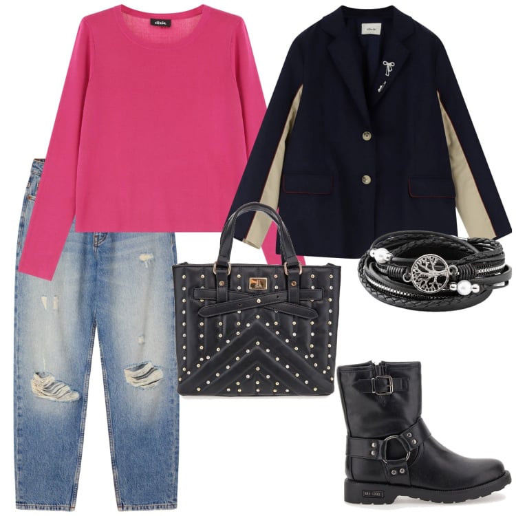 Outfit donna - Università. per Scuola/Università. Abbinamento con braccialetti, jeans mom, pullovers, blazer, borse a mano, stivaletti.