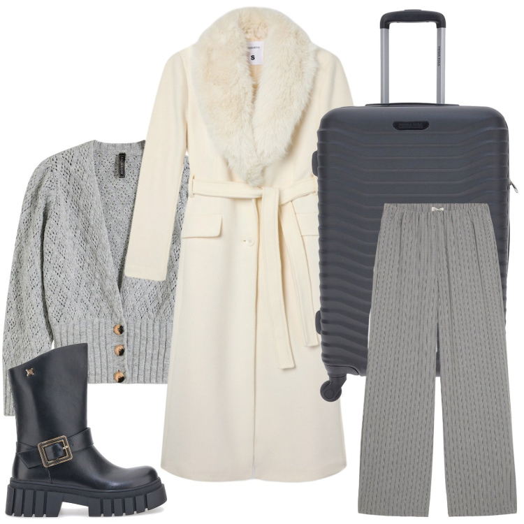 Outfit donna - Cappotto immancabile. Stile Casual per Tutti i giorni. Abbinamento con cardigans, pantaloni, cappotti, stivaletti, valigie.