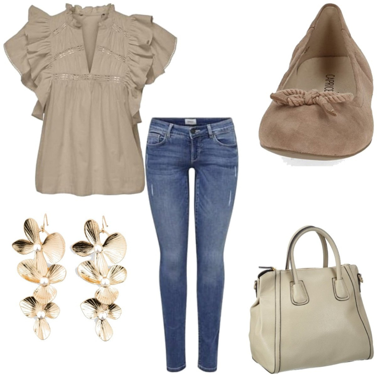 Outfit femme - Basique septembre. Style Basique pour Tous les jours. Assortir avec pendentifs, jean skinny, hauts, ballerines, sacs à main.