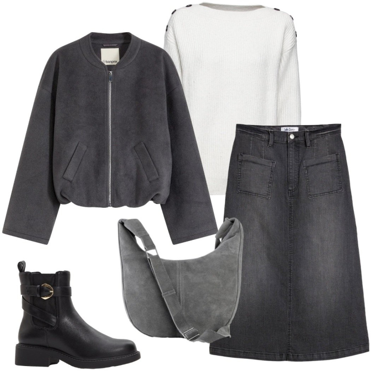 Outfit donna - Capispalla Bonprix. Stile Casual per Tutti i giorni. Abbinamento con bomber, gonne longuette, maglieria, stivaletti chelsea, borse a mano.