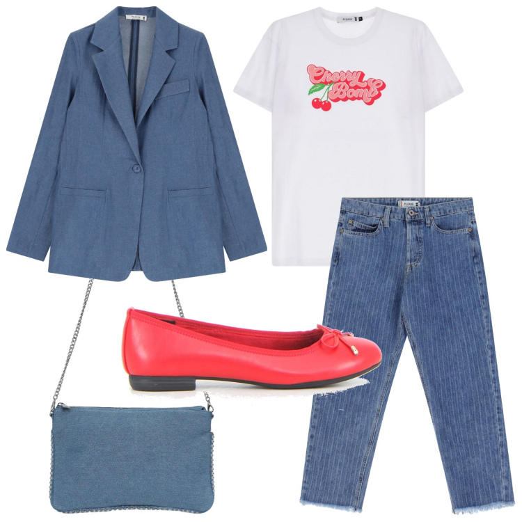 Outfit donna - Il blazer disinvolto. Stile Glamour per Tutti i giorni. Abbinamento con borse a tracolla, jeans, blazer, t-shirt, ballerine.